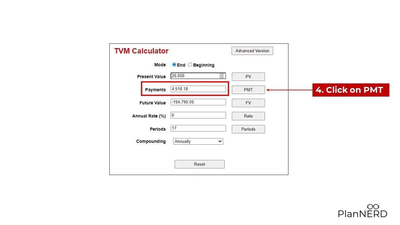 pmt table to show the calculation flow under children's education planning