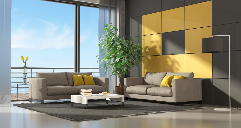 Living room with terrace overlooking the sea , two sofa and black and yellow paneling - 3d rendering